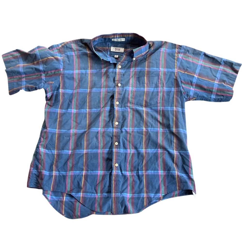 Vintage Arrow Dover Mens XL Blue Plaid Short Sleeve Button Down Shirt Cotton